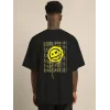 Unisex Bisiklet Yaka Baskılı Oversize T-Shirt - Siyah