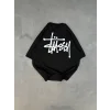 Unisex Bisiklet Yaka Baskılı Oversize T-Shirt - Siyah