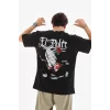 Unisex Bisiklet Yaka Baskılı Oversize T-Shirt - Siyah