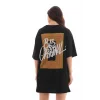 Unisex Bisiklet Yaka Baskılı Oversize T-Shirt - Siyah