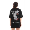 Unisex Bisiklet Yaka Baskılı Oversize T-Shirt - Siyah