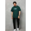 Unisex Bisiklet Yaka Baskılı Oversize T-Shirt - Yeşil