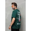 Unisex Bisiklet Yaka Baskılı Oversize T-Shirt - Yeşil
