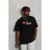 Unisex Bisiklet Yaka Double Oversize Baskılı T-Shirt - Siyah