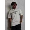 Unisex Oversize Baskılı Bisiklet Yaka T-Shirt - Gri