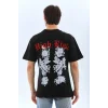 Unisex Oversize Baskılı Bisiklet Yaka T-Shirt - Siyah