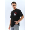 Unisex Oversize Baskılı Bisiklet Yaka T-Shirt - Siyah