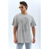 Unisex Oversize Taşlı Bisiklet Yaka T-Shirt - Gri
