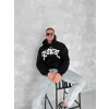 Unisex Üç İplik Kapüşonlu Baskılı SweatShirt - Siyah