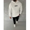 Uzun Kol Kapüşonlu Göğüs Baskılı SweatShirt - Beyaz