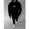 Uzun Kol Kapüşonlu Göğüs Baskılı SweatShirt - Siyah