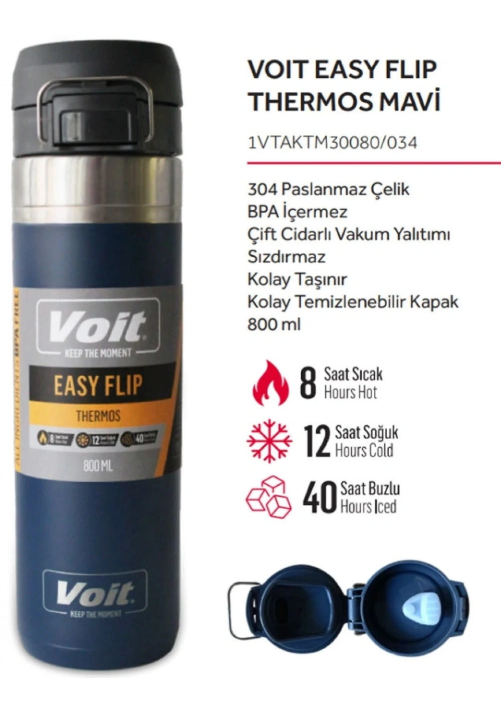 STK-1548 VOIT EASY FLIP THERMOS/Mavi/800ML