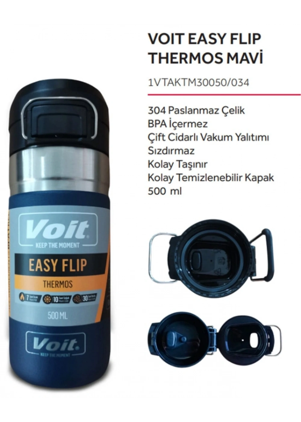 STK-1547 VOIT EASY FLIP THERMOS 500 ML / MAVİ