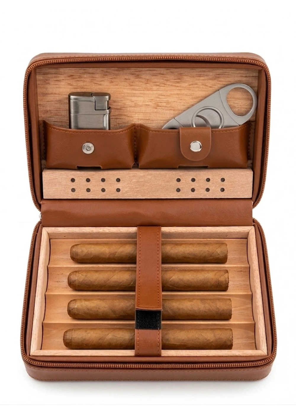 Lüks Kahverengi Deri Seyahat Tipi Puro Kutusu - Sedir Ağacı Kaplı 4lü Portatif Humidor - Puro Kesici ve Aksesuar Bölmeli - Erkekler İçin Premium Şık Hediye Seti