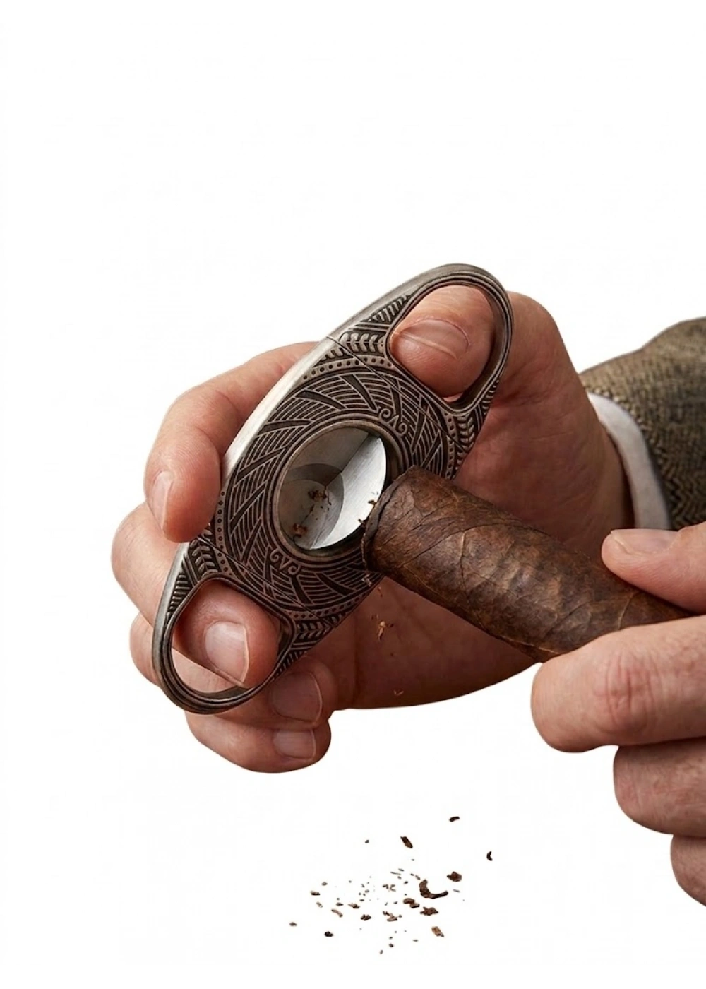 Lüks Vintage Gravür İşlemeli Paslanmaz Çelik Çift Bıçaklı Puro Kesici - Antik Gümüş Görünümlü Keskin ve Şık Puro Makası Aksesuarı