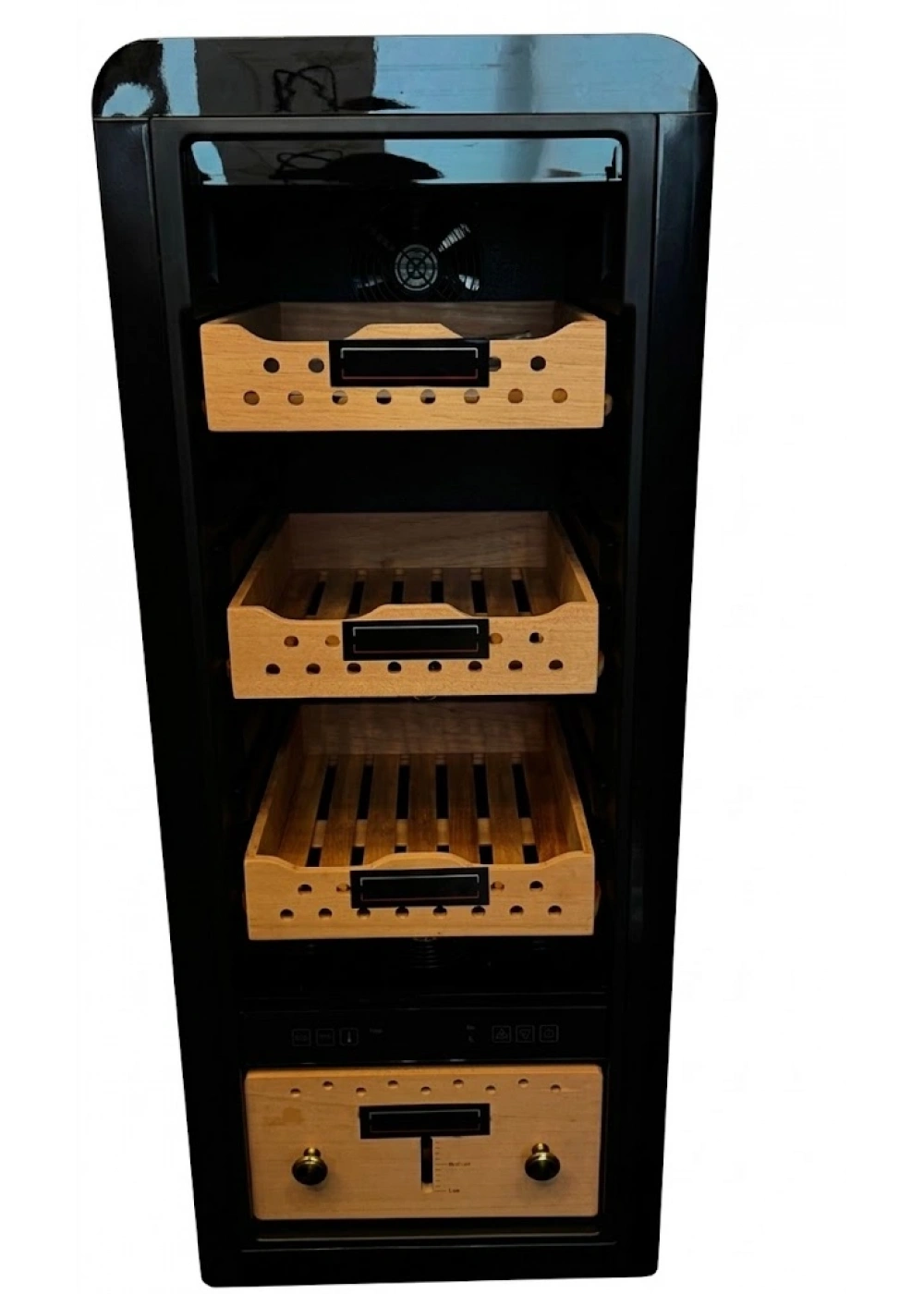 Lüks Siyah Elektronik Puro Humidoru - İspanyol Sedir Ağacı Raflı Profesyonel Puro Dolabı - Dijital Nem ve Sıcaklık Kontrollü Akıllı Muhafaza Sistemi