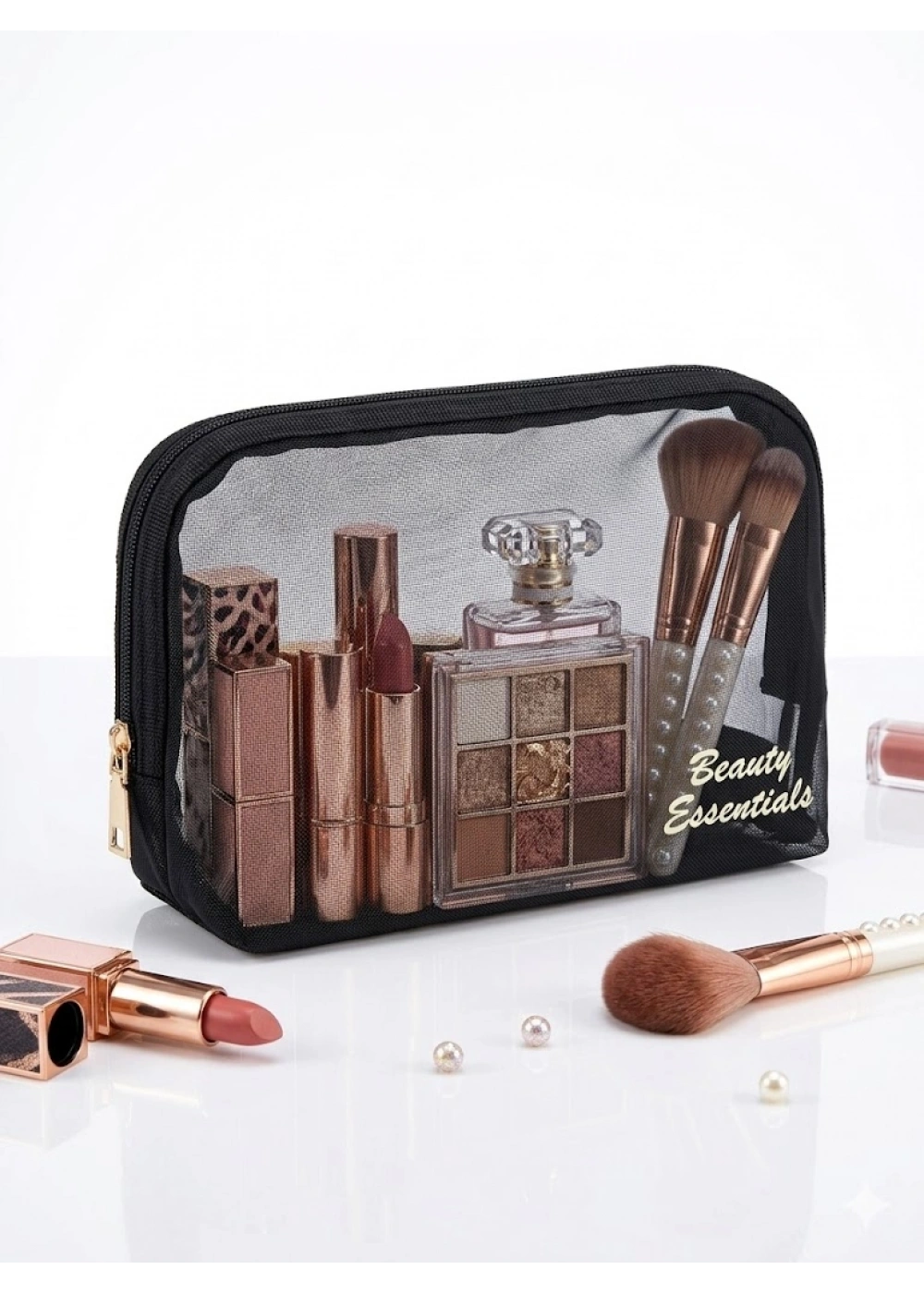 Beauty Essentials Şeffaf File Makyaj Çantası - Siyah Transparan Kozmetik Düzenleyici ve Seyahat Tipi Makyaj Organizeri