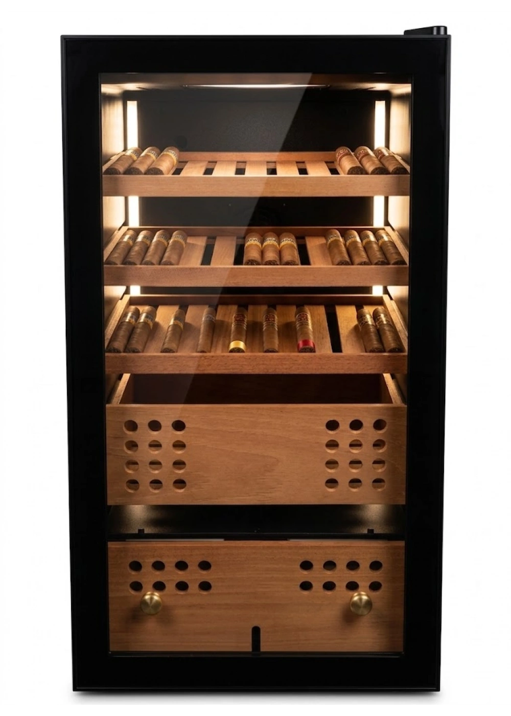 Akıllı Puro Dolabı - 300 Kapasiteli Sedir Ağacı Humidor, Parmak İzi Okuyuculu Kilit, 85W Profesyonel Isı ve Nem Kontrolü, Siyah