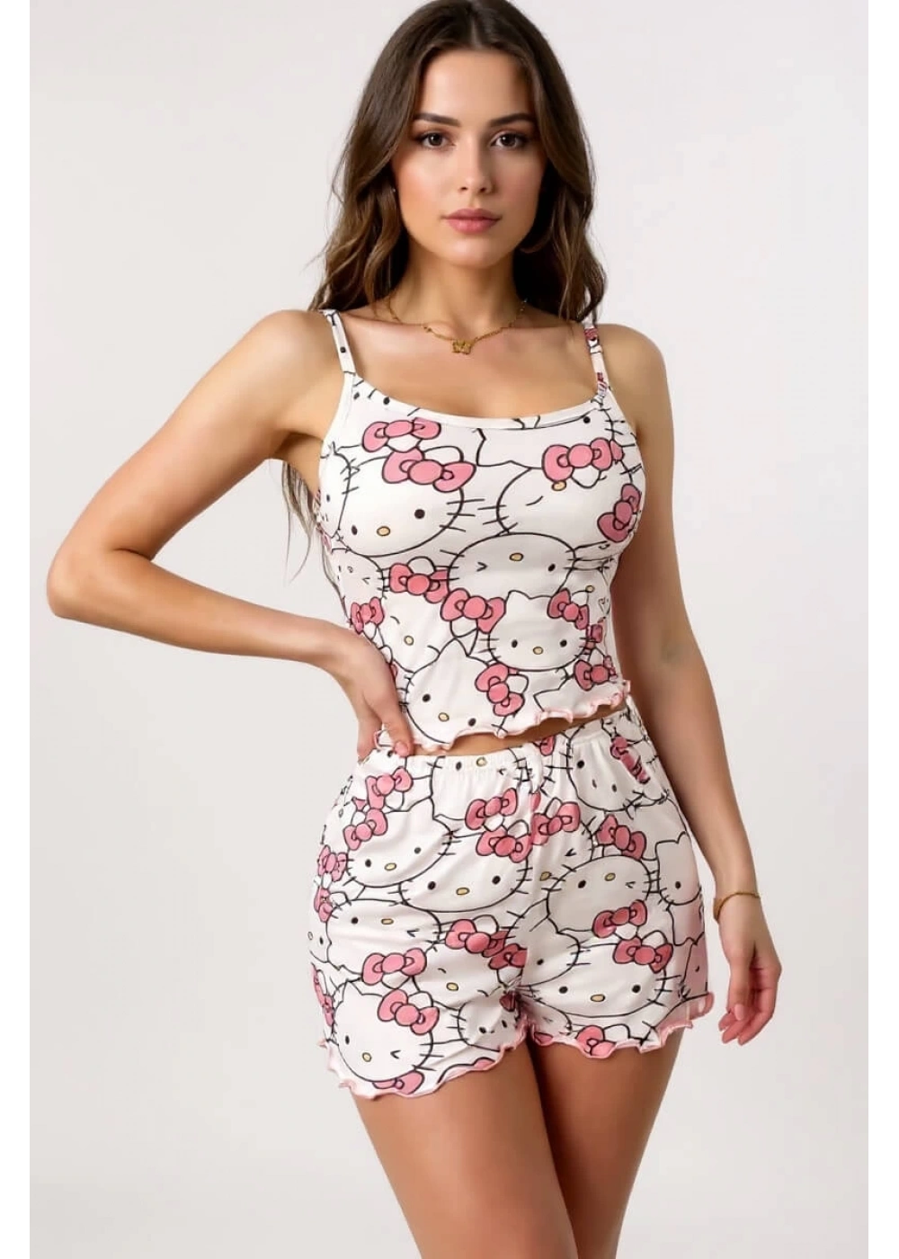 Hello Kitty Baskılı Askılı Şortlu Pijama Takımı
