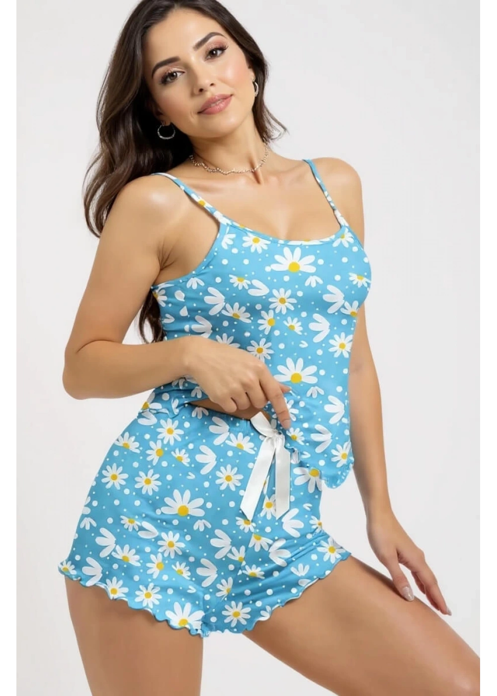 Papatya Baskılı Mavi Askılı Şortlu Pijama Takımı