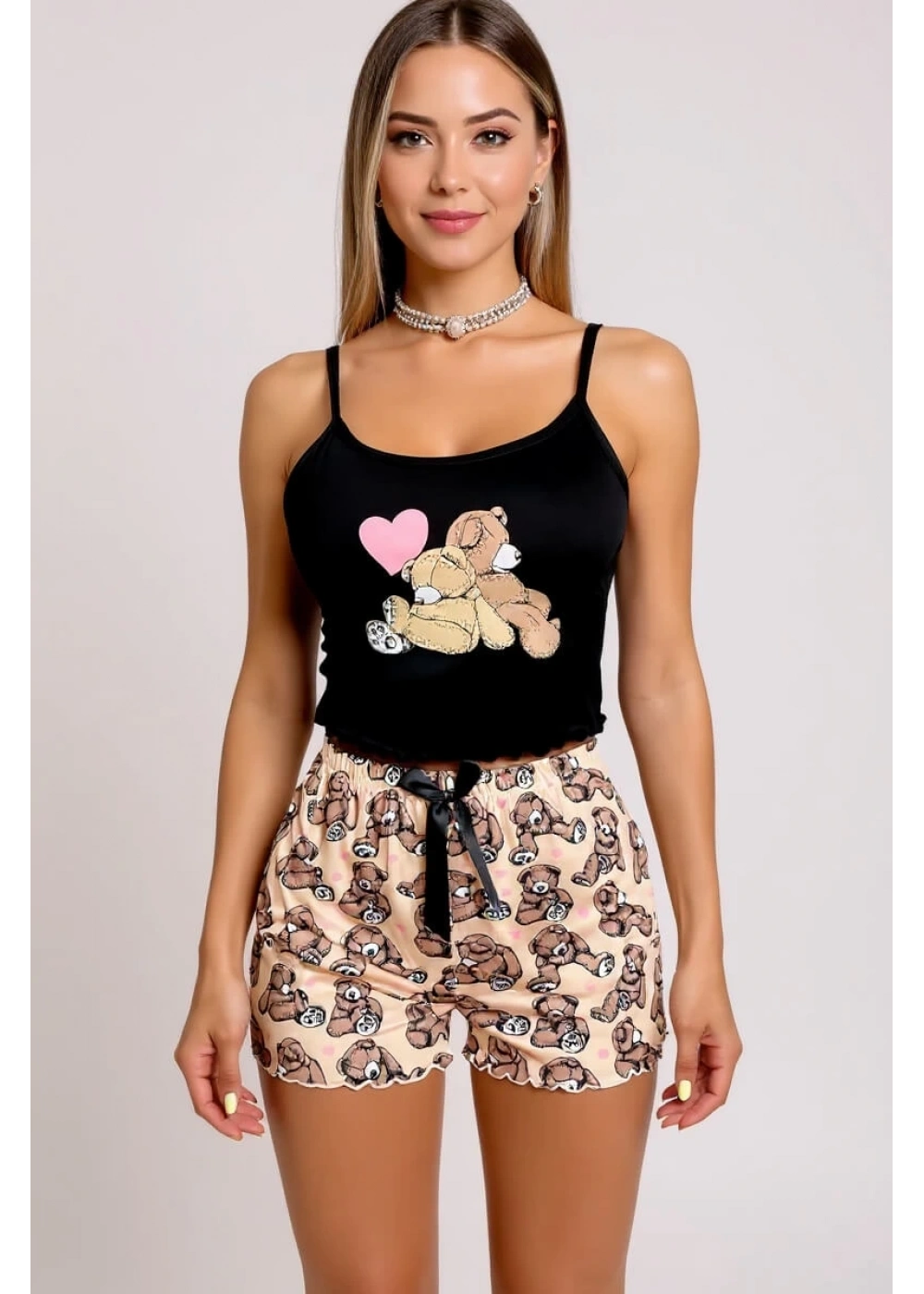 Renkli Ayıcık Desenli Askılı Şortlu Kadın Pijama Takımı