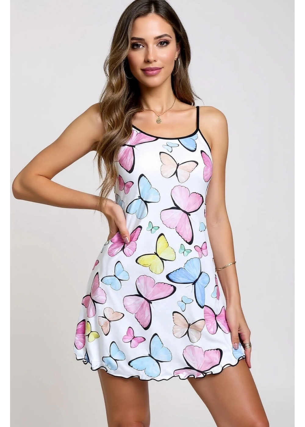 Renkli Kelebek Desenli Askılı Kadın Gecelik