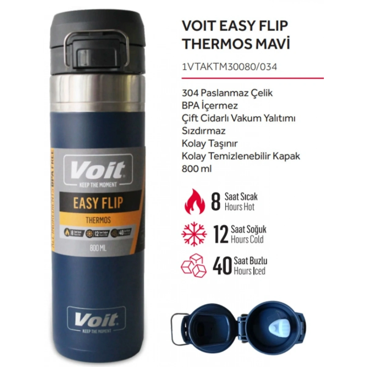 STK-1548 VOIT EASY FLIP THERMOS/Mavi/800ML