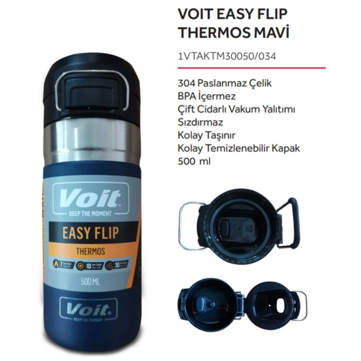 STK-1547 VOIT EASY FLIP THERMOS 500 ML / MAVİ