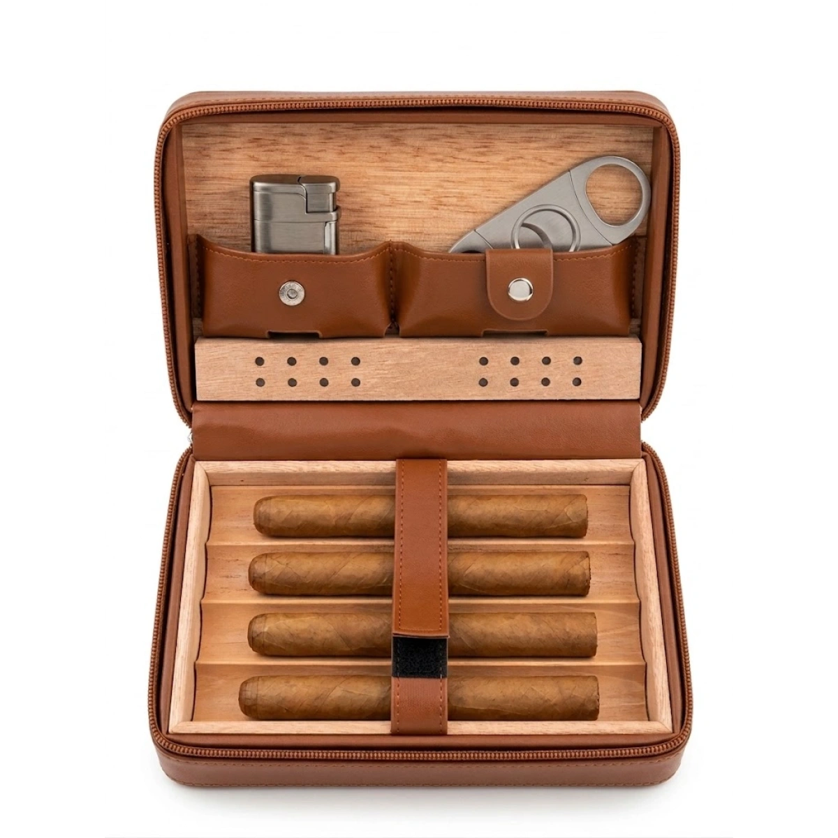 Lüks Kahverengi Deri Seyahat Tipi Puro Kutusu - Sedir Ağacı Kaplı 4lü Portatif Humidor - Puro Kesici ve Aksesuar Bölmeli - Erkekler İçin Premium Şık Hediye Seti