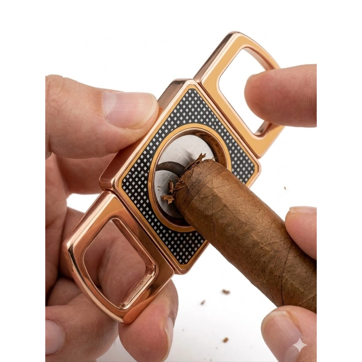 Lüks Rose Gold Puro Kesici - Çift Bıçaklı Paslanmaz Çelik Puro Makası - Damalı Desenli Modern Tasarım Hediyelik Aksesuar