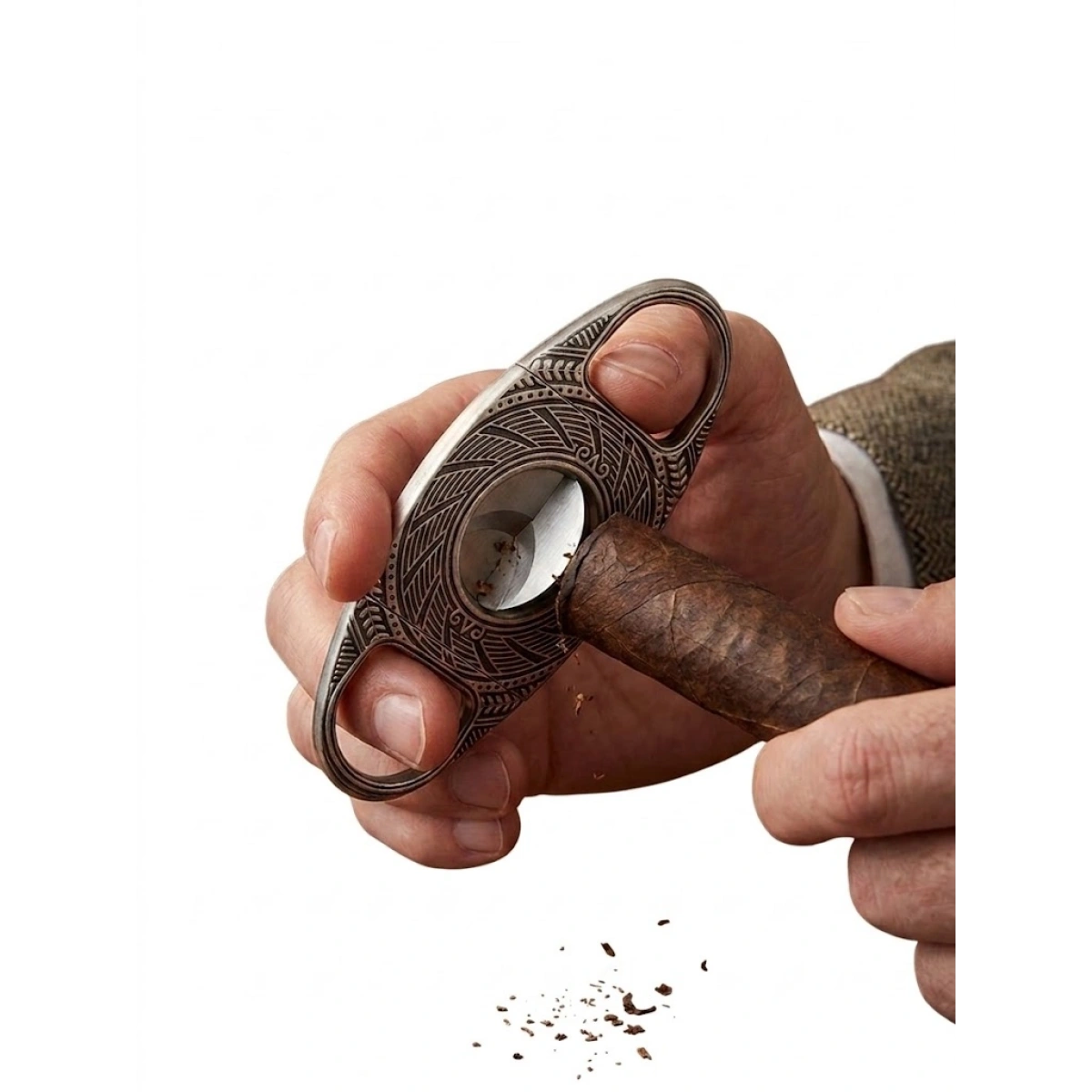 Lüks Vintage Gravür İşlemeli Paslanmaz Çelik Çift Bıçaklı Puro Kesici - Antik Gümüş Görünümlü Keskin ve Şık Puro Makası Aksesuarı