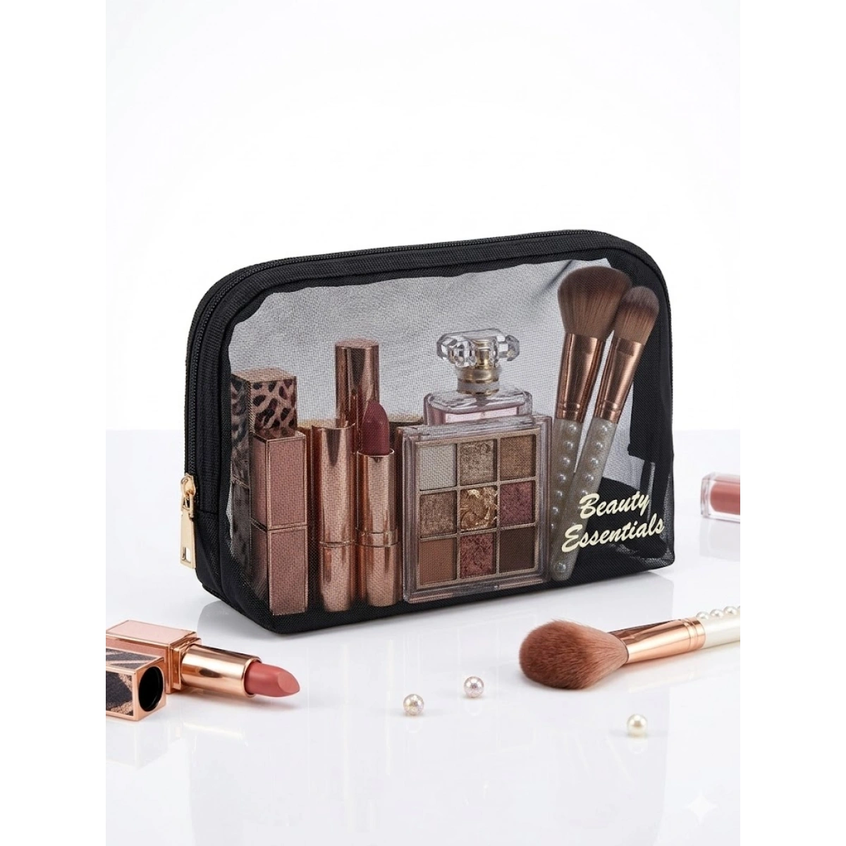 Beauty Essentials Şeffaf File Makyaj Çantası - Siyah Transparan Kozmetik Düzenleyici ve Seyahat Tipi Makyaj Organizeri