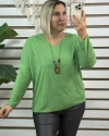 İtalyan Tasarım V Yaka Kolyeli Dokulu Bluz Çimen Yeşili