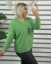 İtalyan Tasarım V Yaka Kolyeli Dokulu Bluz Çimen Yeşili