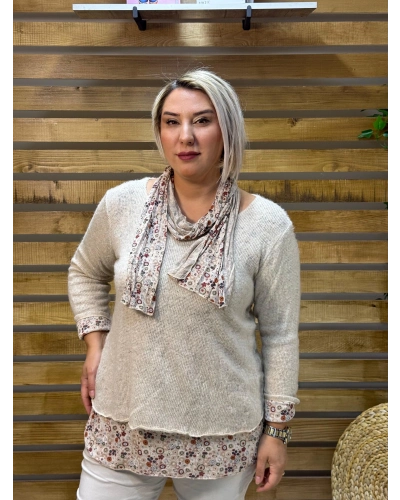 İtalyan Tasarım Atlet Fular Yün Triko Takım Bej