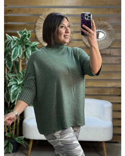 İtalyan Tasarım Balıkçı Yaka Oversize Yarım Kol Kazak Haki