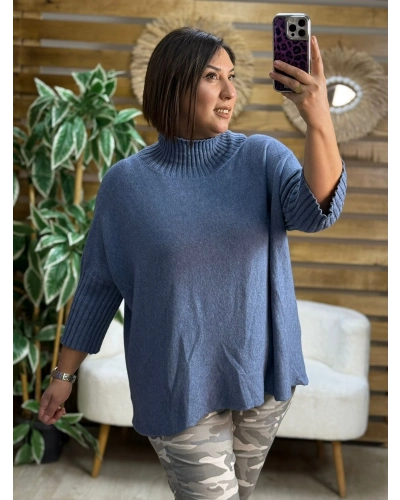 İtalyan Tasarım Balıkçı Yaka Oversize Yarım Kol Kazak İndigo