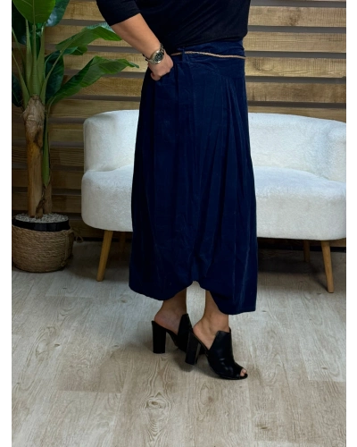 İtalyan Tasarım Beli Otantik Kemerli Kadife Etek Lacivert