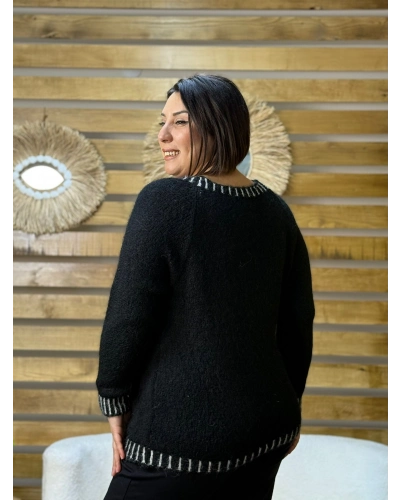 İtalyan Tasarım Çizgi Desen Kazak Siyah