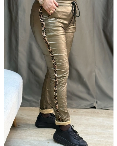 İtalyan Tasarım Deri Leopar Detaylı Likralı Pantolon Gold