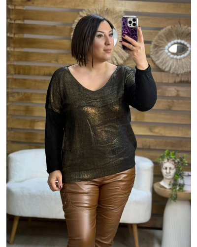 İtalyan Tasarım Desenli Örme Detaylı Yaldız Triko Bluz Kahve