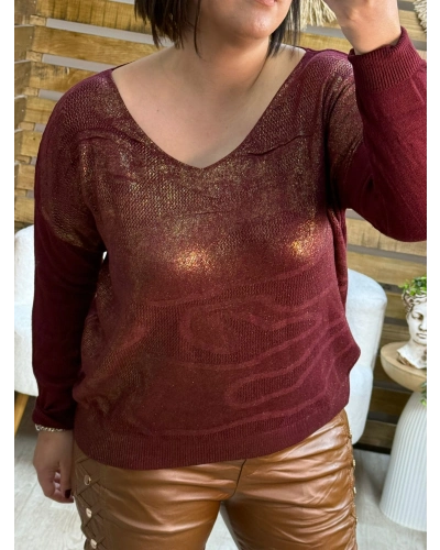 İtalyan Tasarım Desenli Örme Detaylı Yaldız Triko Bluz Bordo