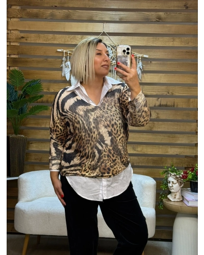 İtalyan Tasarım Dijital Baskı Merserize Bluz Kahve