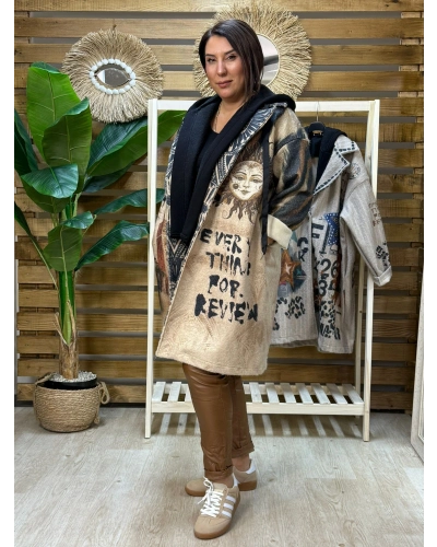 İtalyan Tasarım Dijital Baskılı Uzun Kapüşonlu Ceket Güneş