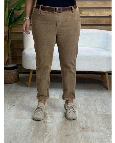 İtalyan Tasarım Düz Desen Kemerli Kadife Pantolon Camel