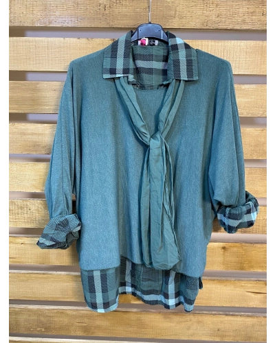 İtalyan Tasarım Ekose Desen Gömlekli Pamuklu Bluz Zümrüt Yeşili