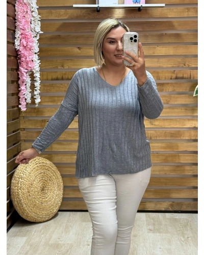 İtalyan Tasarım Fitilli V Yaka Bluz Gri