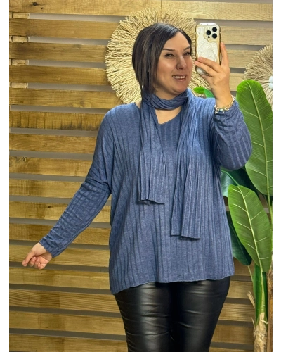 İtalyan Tasarım Fularlı Fitil Triko Bluz Mavi