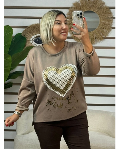 İtalyan Tasarım Kalp Desen Yaldızlı File Detaylı Bluz Cappucino