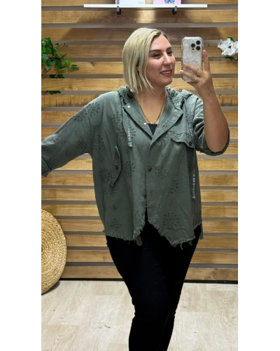 İtalyan Tasarım Kapüşonlu Fisto İşlemeli Ceket Haki